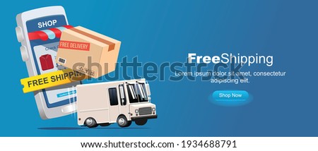 free shipping promotion web banner.  smarphone application with shopping apps, package and delivery cargo. 3d style vector illustration