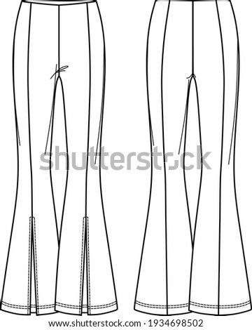 Vector high waist flared leggings fashion CAD, woman ribbed pants technical drawing, template, sketch, flat. Jersey or woven fabric trousers with front, back view, white color Royalty-Free Stock Photo #1934698502