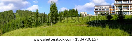 Panorama with the abandoned buildings of what was supposed to be Vidra - Ski Resort. The old, uninhabited soviet-era villas are located in the middle of Lotru Mountians, in a wild spruce forest. 