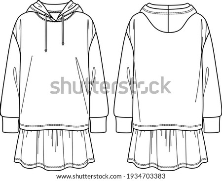 Vector sweat dress fashion CAD, woman long sleeved dress with flared skirt technical drawing, hooded sweat dress template, sketch, flat Royalty-Free Stock Photo #1934703383