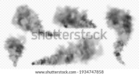 Realistic black smoke clouds. Stream of smoke from burning objects. Transparent fog effect. Vector design element.