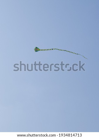 A green snake kite floating in the sky