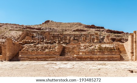 Roman columns of the Great temple complex in Petra (Rose City), Jordan. The city of Petra was lost for over 1000 years. Now one of the Seven Wonders of the Word