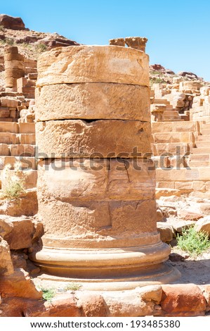 Great temple complex in Petra (Rose City), Jordan. The city of Petra was lost for over 1000 years. Now one of the Seven Wonders of the Word