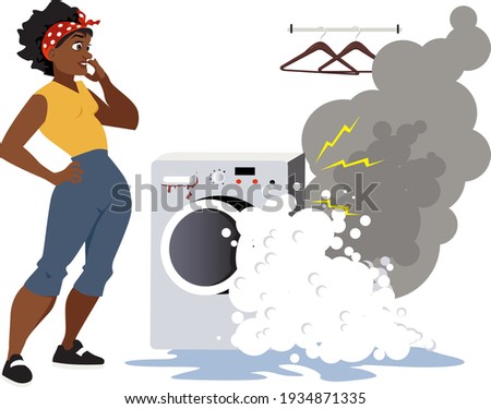 Upset woman looking at a broken washing machine, smoke and foam come out of it, EPS 8 vector illustration	