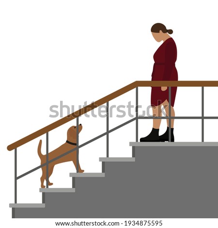 Female character and dog with collar on staircase