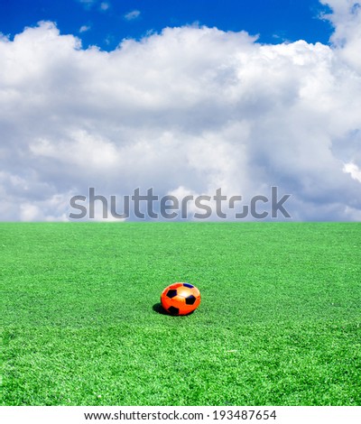 soccer ball on a green field against the sky clouds