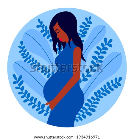 Pregnant black woman flat illustration. Pregnancy illustration in cobalt pastel colors. Pregnant woman holds her belly.