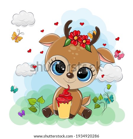 A funny deer is sitting in a green meadow. A cute animal holding a delicious cake in its paws, the illustration is made in a cartoon style. Funny butterflies fly around the deer