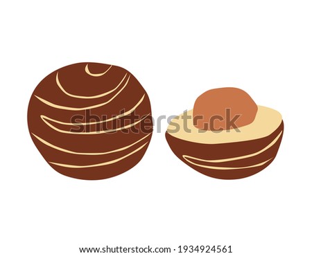 Chocolate candy in the shape of a circle, whole and with a half next to it. Decorated with lines with light glaze. Vector illustration isolated on white background.