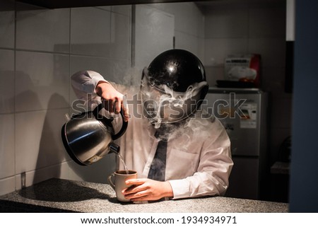 man with helmet with smoke and formal shirt