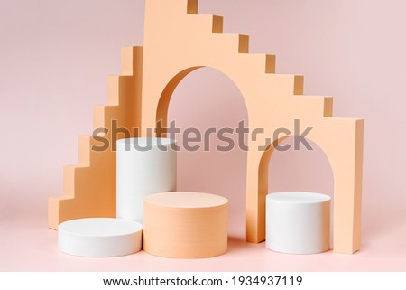 Abstract background with various geometrical forms and  podiums in pastel color for product presentation. Podium to show cosmetic products.