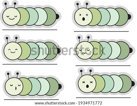 Cute caterpillar cartoon. Green caterpillar character in different face illustration. For kids