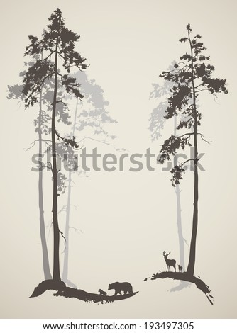 silhouette of the forest with animals