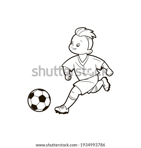 Coloring book soccer player-tinager, kicks the soccer ball. Vector illustration in cartoon style, black and white isolated line art