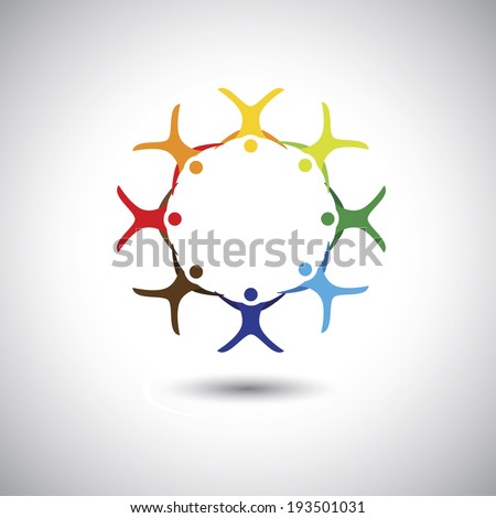 colorful people together as circle of unity, integrity - concept vector. This graphic can also represent colorful kids playing, holding hands, employees union, children active, excited people