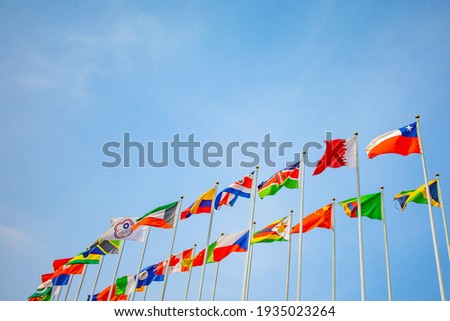 international flags with blue sky