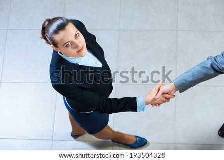 Portrait of a businesswoman shaking hand with a colleague, a top view
