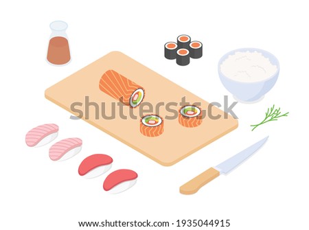 Making sushi set - fish, seafood. Isometric vector illustration in flat design.
