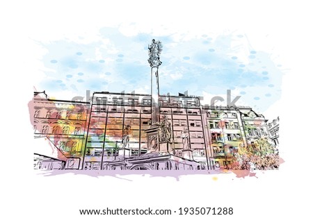 Building view with landmark of Brno is a city in the Czech Republic. Watercolour splash with hand drawn sketch illustration in vector.