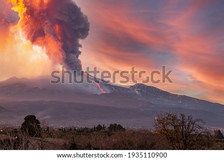 overview of the Etna volcano during the eruption of 16 February 2020 Royalty-Free Stock Photo #1935110900