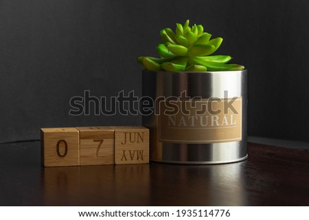 June 07. Image of the calendar June 07 wooden cubes and an artificial plant on a brown wooden table reflection and black background. with empty space for text
