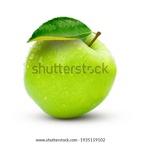 Closeup fresh green granny smith apple with water drops and green leaf isolated on white background. Clipping path.  Royalty-Free Stock Photo #1935119102
