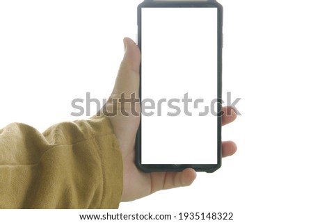 The left hand holding a smartphone on a white background