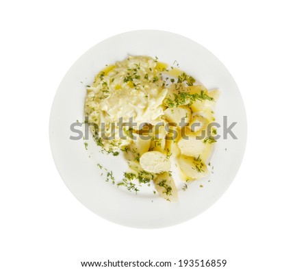 Codfish baked under cream sauce ,isolated 