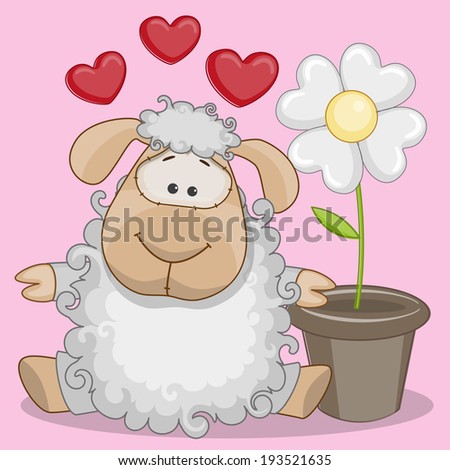 Greeting card Sheep with hearts and flower