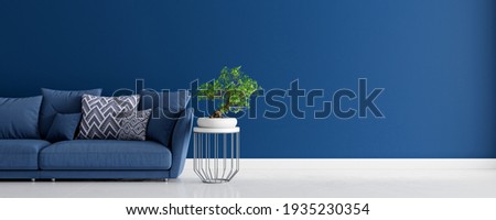Mock up Living room interior design with blue sofa, empty blue wall with free space on right 3D render 3D illustration