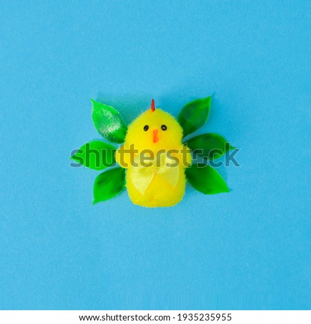 Yellow chicken isolated on a blue background. Creative Easter concept.