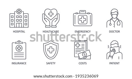 Vector icons medical care. Editable stroke. Hospital safety insurance doctor patient emergency healthcare costs. Stock line illustration on white background Royalty-Free Stock Photo #1935236069