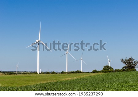 Row of three modern windmills in the countryside near Tarariras, Colonia. Many others windmills can be seen on the background with some trees on the right side. Royalty-Free Stock Photo #1935237290