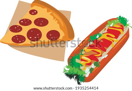 food illustration. pizza and hot dog on a white background.
