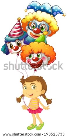 Illustration of a young girl holding three clown balloons on a white background