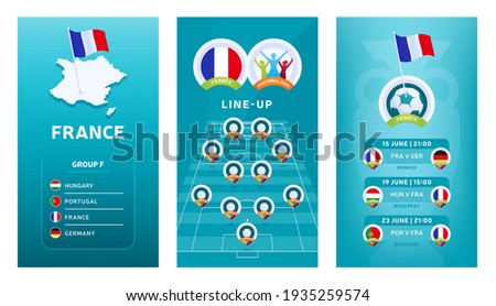 European Euro 2020 football vertical banner set for social media. France group F banner with isometric map, pin flag, match schedule and line-up on soccer field