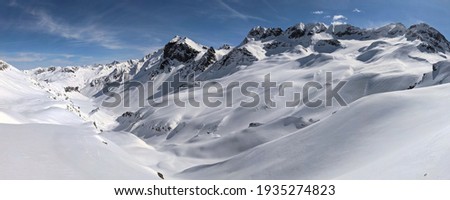 large mountain panorama picture. View of the Ducan Glacier above Davos, Sertig and Monstein. Beautiful winter landscape