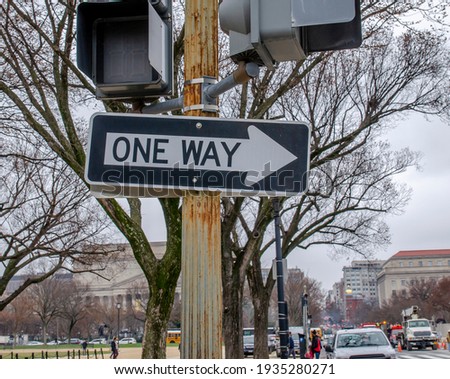 Washington, DC, USA February 25, 2020. City scape street view with one way road sign
