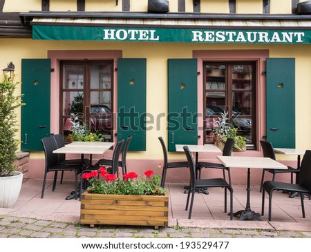 Facade of hotel and restaurant in Ribeauville, Alsace, France