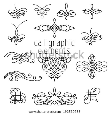 Vector set of calligraphic design elements isolated on white background. Page decorations, dividers, flourishes, vintage frames and headers.