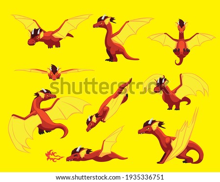 Animal Red Dragon Lizard Cartoon Vector Various Poses