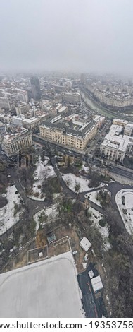 Bucharest aerial view cityscape - Cismigiu Gardens Park, winter time