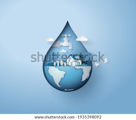 concept of ecology and world water day . Paper art ,paper cut , paper collage style with digital craft . Royalty-Free Stock Photo #1935398092
