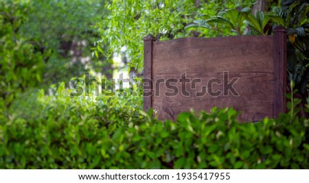 wooden signboard standing between trees and branches, front view