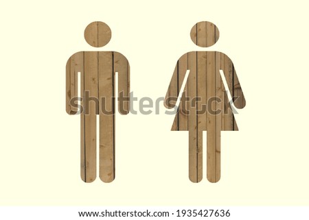 man woman icon, male female, couple, toilet sign, men's women's restroom, washroom signage, cabin door wc wooden sawn timber wood board texture, natural interior exterior design on white background