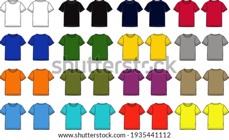 Multicolor Basic Tee shirt fashion flat technical drawing template. Blank flat Short sleeve t-Shirt design for kids vector illustration Front and Back View.