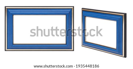 Blue wooden frame for paintings, mirrors or photo in frontal and perspective view isolated on white background