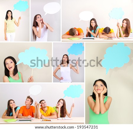 Collage of group young people with empty think bubbles