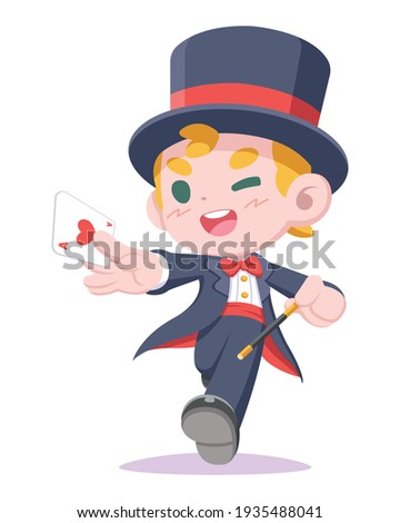 Cute style young magician holding card and magic wand cartoon illustration Royalty-Free Stock Photo #1935488041
